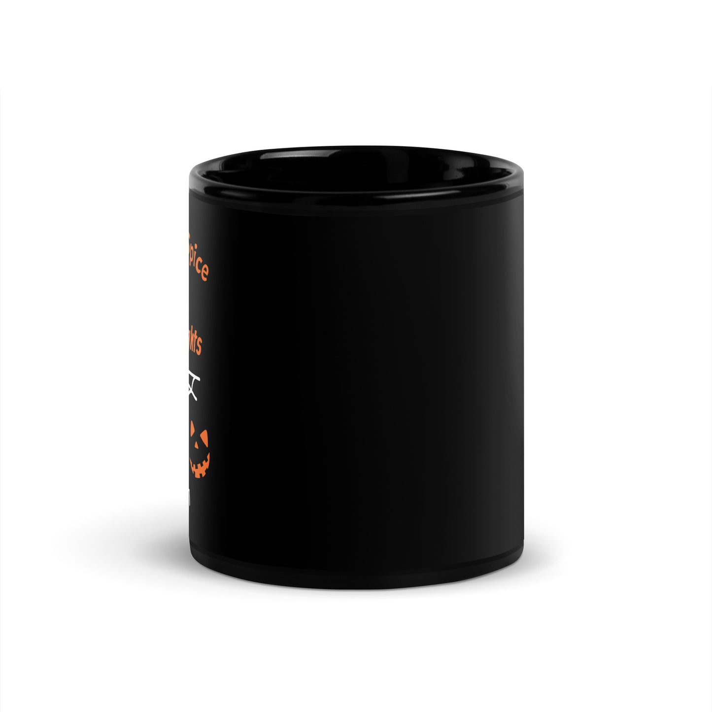 side view of Pumpkin Spice & Spooky Nights glossy black Halloween coffee mug with pumpkin, spiderweb, and jack-o’-lantern design, available in 11oz