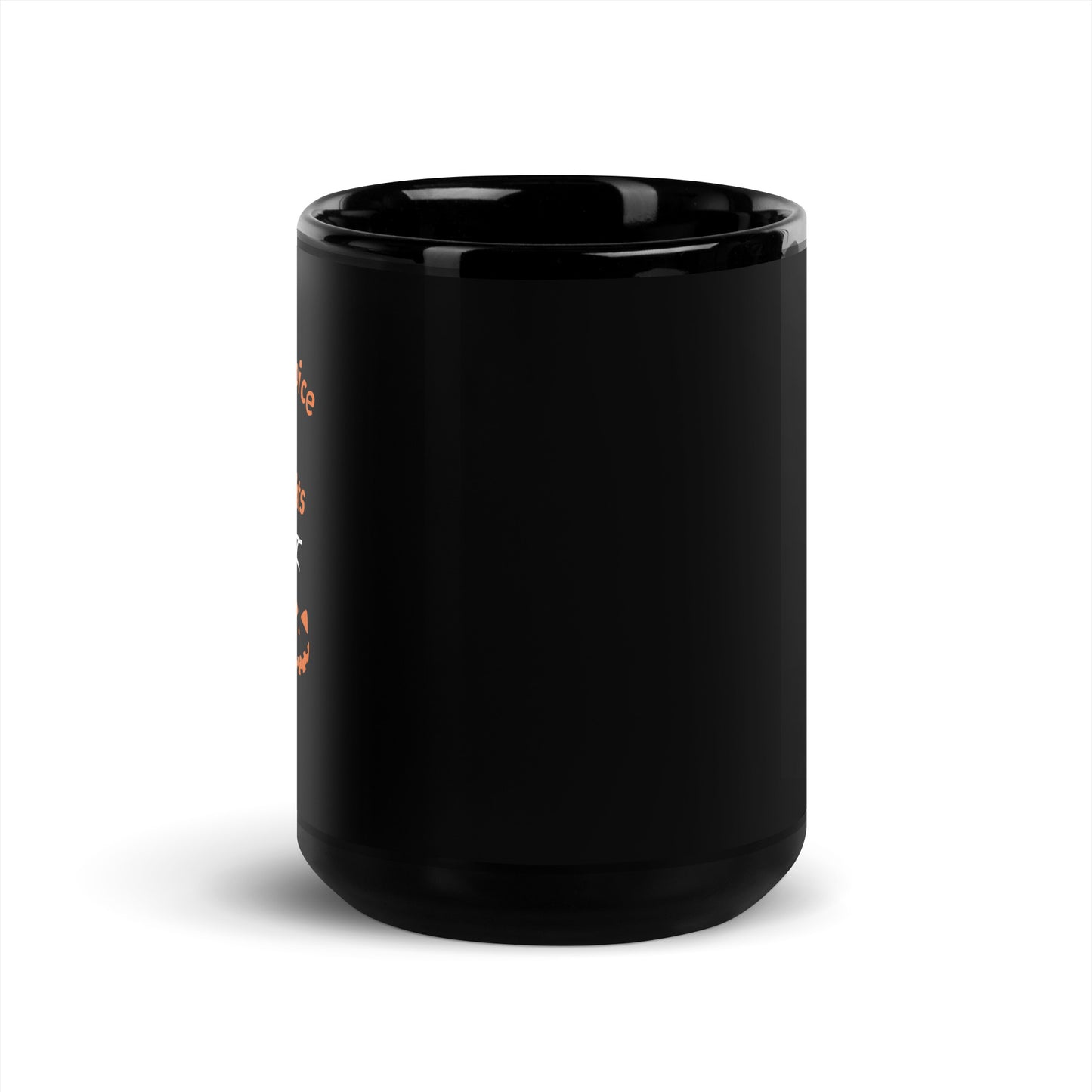 side view of Pumpkin Spice & Spooky Nights glossy black Halloween coffee mug with pumpkin, spiderweb, and jack-o’-lantern design, available in 15oz