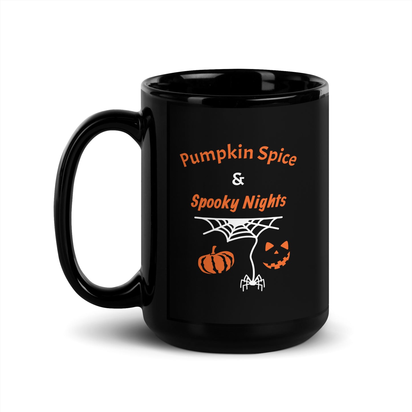 front view of Pumpkin Spice & Spooky Nights glossy black Halloween coffee mug with pumpkin, spiderweb, and jack-o’-lantern design, available in 15oz