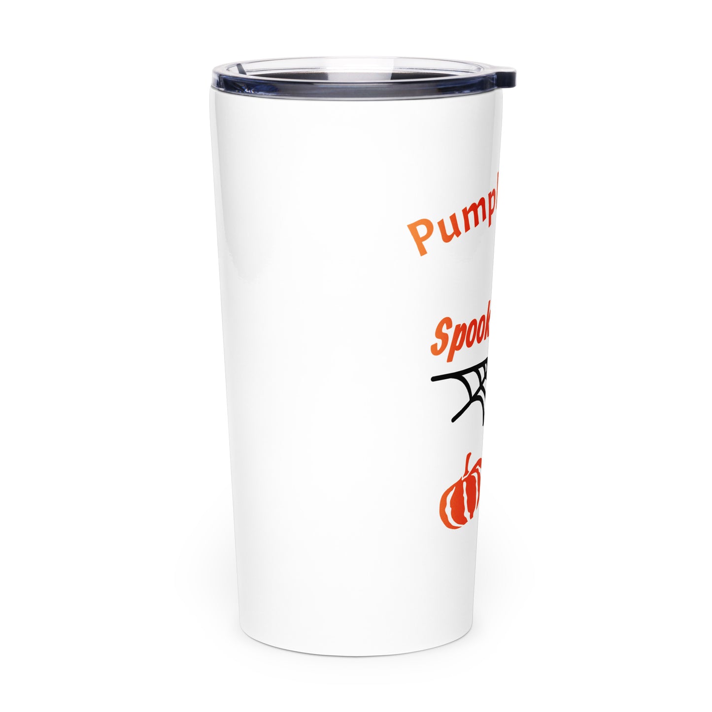 Right side view of Pumpkin Spice & Spooky Nights stainless steel 20oz Halloween tumbler with pumpkin, spiderweb, and jack-o’-lantern graphic, spooky fall drinkware