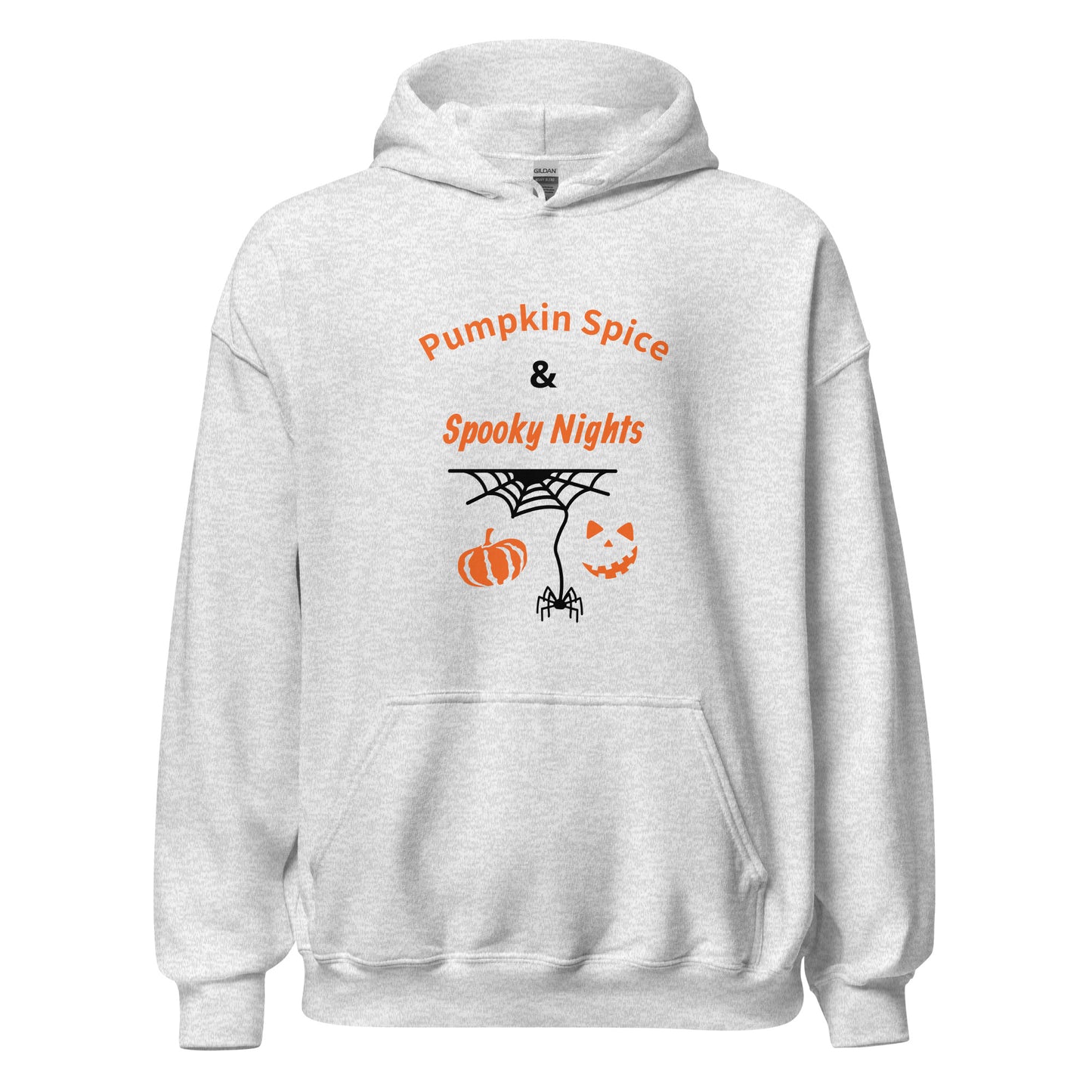 Pumpkin Spice & Spooky Nights unisex Halloween hoodie with pumpkin, spiderweb, and jack-o’-lantern face design, cozy fall sweatshirt - ash grey