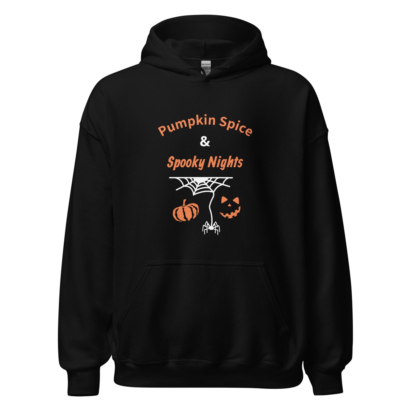 Pumpkin Spice & Spooky Nights unisex Halloween hoodie with pumpkin, spiderweb, and jack-o’-lantern face design, cozy fall sweatshirt - black