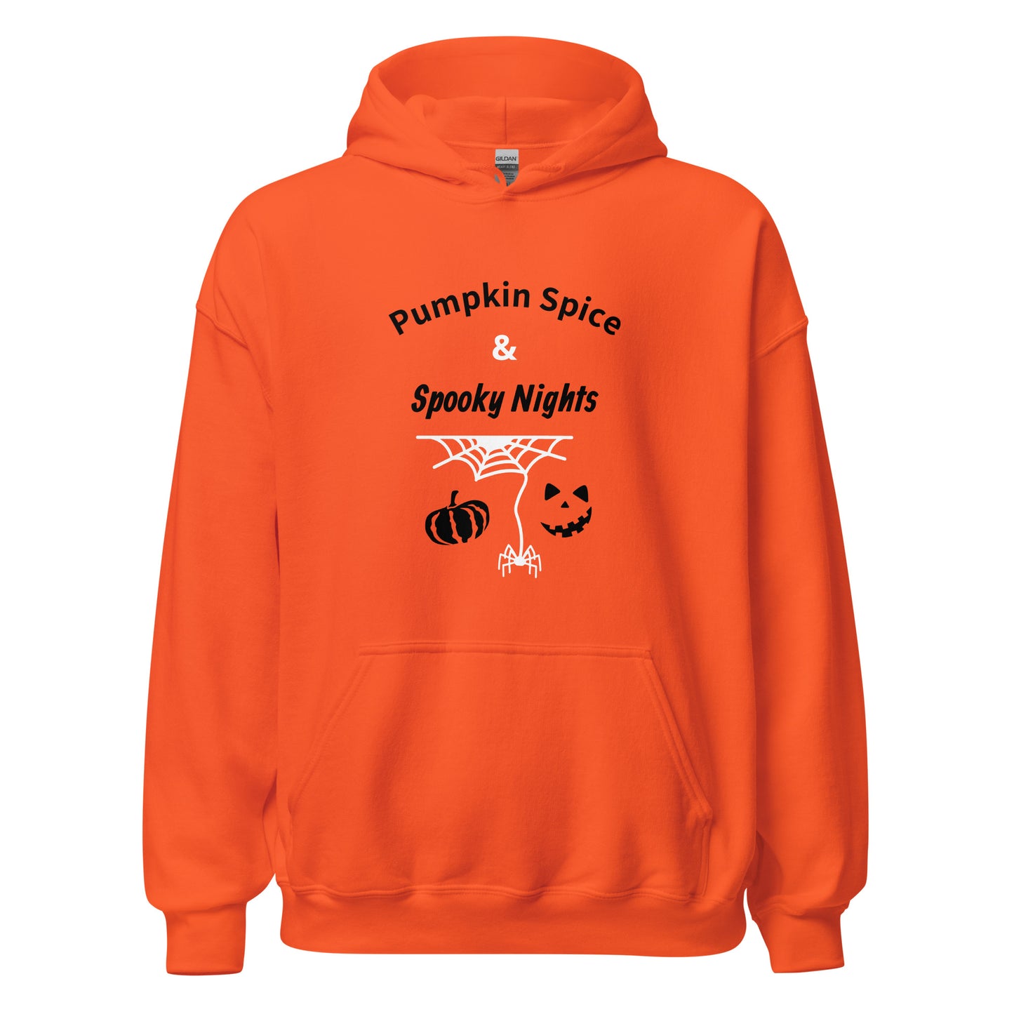 Pumpkin Spice & Spooky Nights unisex Halloween hoodie with pumpkin, spiderweb, and jack-o’-lantern face design, cozy fall sweatshirt - orange