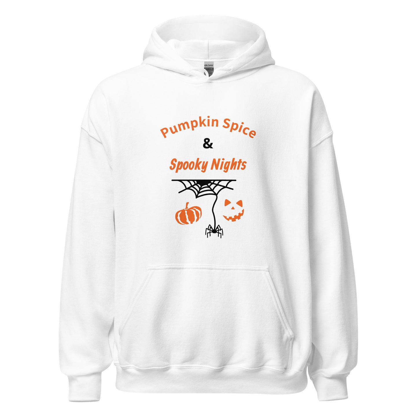 Pumpkin Spice & Spooky Nights unisex Halloween hoodie with pumpkin, spiderweb, and jack-o’-lantern face design, cozy fall sweatshirt - white