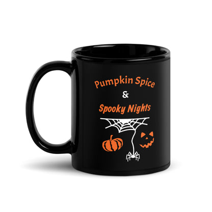 front view of Pumpkin Spice & Spooky Nights glossy black Halloween coffee mug with pumpkin, spiderweb, and jack-o’-lantern design, available in 11oz