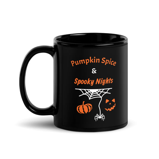 front view of Pumpkin Spice & Spooky Nights glossy black Halloween coffee mug with pumpkin, spiderweb, and jack-o’-lantern design, available in 11oz
