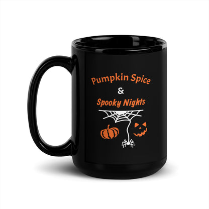 front view of Pumpkin Spice & Spooky Nights glossy black Halloween coffee mug with pumpkin, spiderweb, and jack-o’-lantern design, available in 15oz