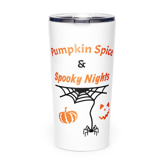 Front view of Pumpkin Spice & Spooky Nights stainless steel 20oz Halloween tumbler with pumpkin, spiderweb, and jack-o’-lantern graphic, spooky fall drinkware