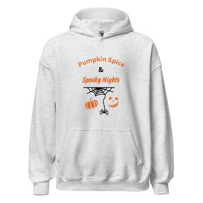 Pumpkin Spice & Spooky Nights unisex Halloween hoodie with pumpkin, spiderweb, and jack-o’-lantern face design, cozy fall sweatshirt - ash grey