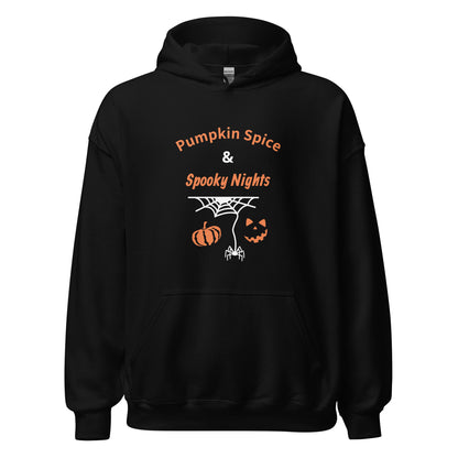 Pumpkin Spice & Spooky Nights unisex Halloween hoodie with pumpkin, spiderweb, and jack-o’-lantern face design, cozy fall sweatshirt - black