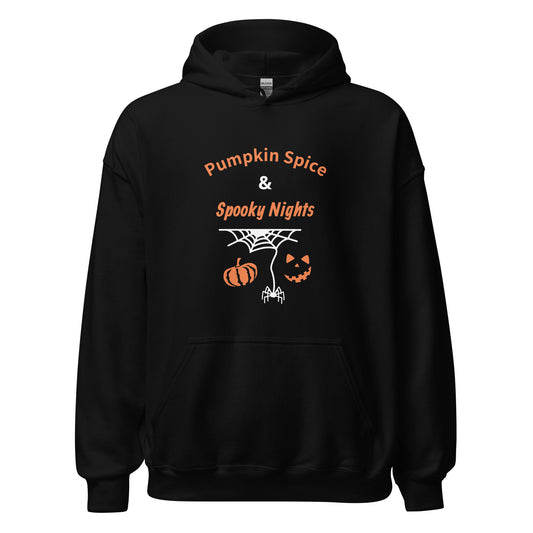 Pumpkin Spice & Spooky Nights unisex Halloween hoodie with pumpkin, spiderweb, and jack-o’-lantern face design, cozy fall sweatshirt - black