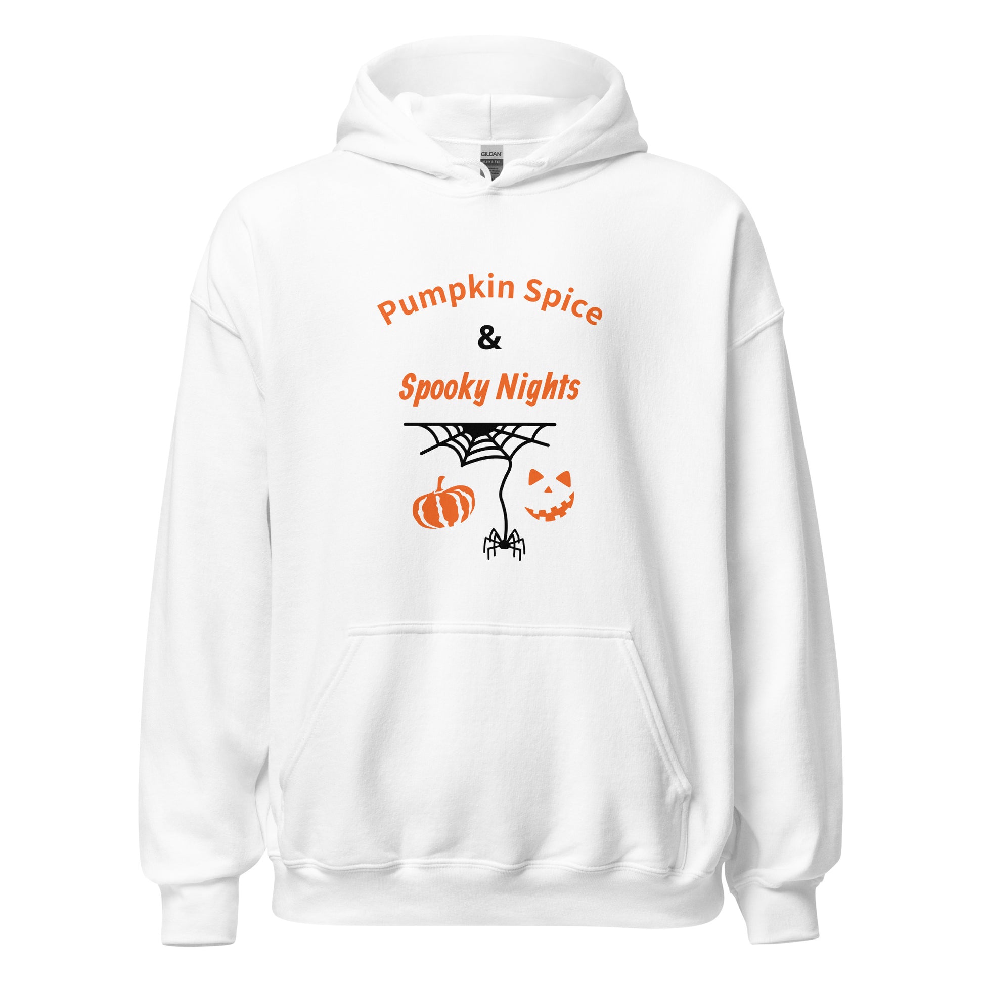 Pumpkin Spice & Spooky Nights unisex Halloween hoodie with pumpkin, spiderweb, and jack-o’-lantern face design, cozy fall sweatshirt - white