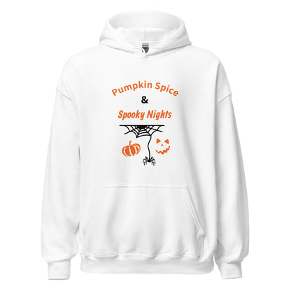 Pumpkin Spice & Spooky Nights unisex Halloween hoodie with pumpkin, spiderweb, and jack-o’-lantern face design, cozy fall sweatshirt - white